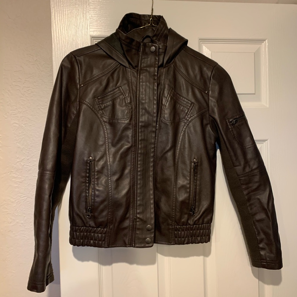American rag brown leather hooded jacket